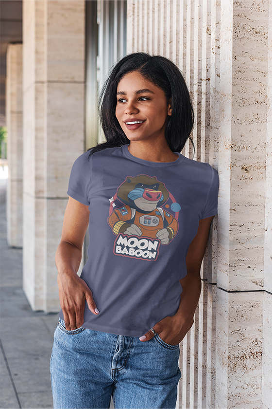 Image shows It Takes Two Moon Baboon Tee worn by female model resting on a wall with her left shoulder while facing front at an angle. The might of the moon baboon is legendary, and it sure does take two to match it. Wearing this stylish printed tee might also help get on his good side, as long as you’re not trying to make Rose cry. Just pair it with some denim pants and sneakers, and you’re good.