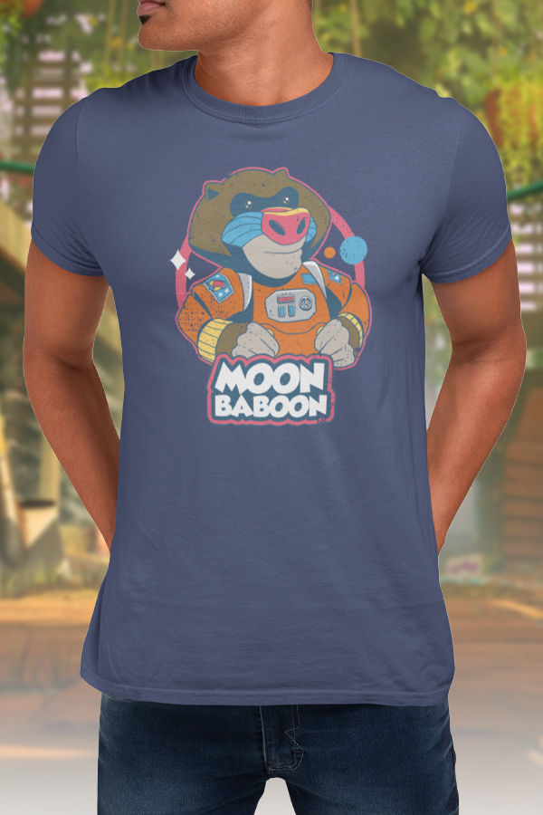 Image shows It Takes Two Moon Baboon Tee (blue) worn by male model facing front. Product is made with Heather Prism colors that are 99/1 airlume combed and ringspun cotton/ polyester (Unique coloring, grey flecks of heather pulled through the base color)